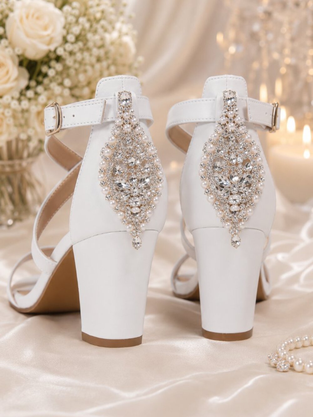 Chunky Wedding Heels 3” Rhinestone Bridal Shoes White Block Heel Open Toe Sandal